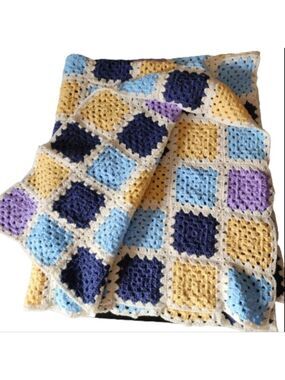 Vintage handmade patchwork crochet throw, blanket. Color multicolor